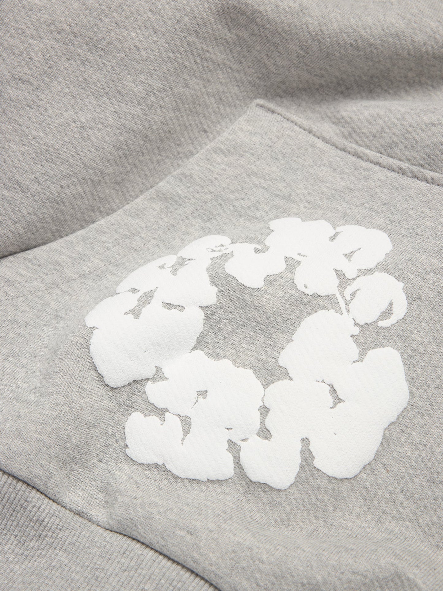 Denim Tears Cotton Wreath Grey Hoodie - close-up fabric and branding detail