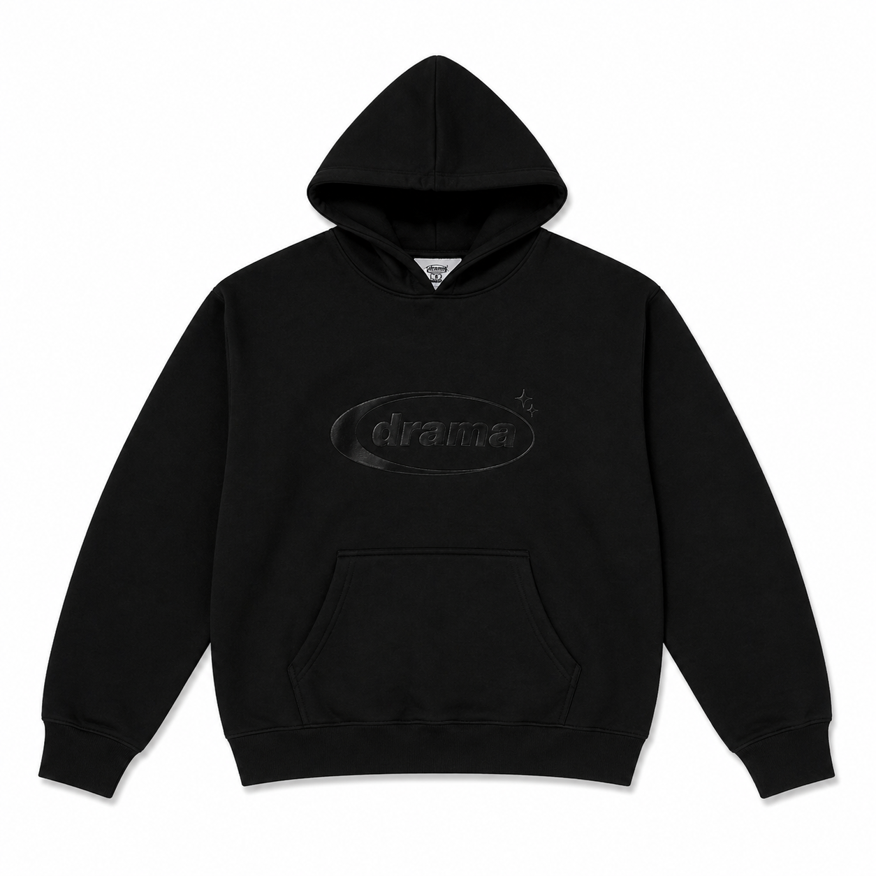 Drama Call Hoodie Black/Black - Drama Call hoodie front view on white background