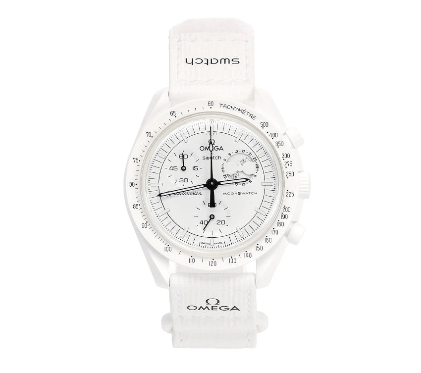 SWATCH X OMEGA MISSION TO MOONPHASE WHITE - Swatch x Omega MoonSwatch watch front face dial view on white background