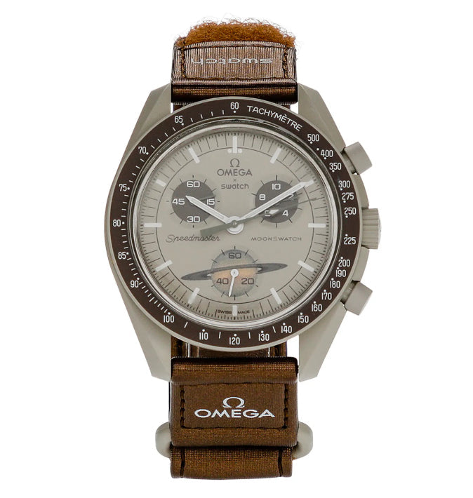 SWATCH X OMEGA MISSION TO SATURN - Swatch x Omega MoonSwatch watch front face dial view on white background