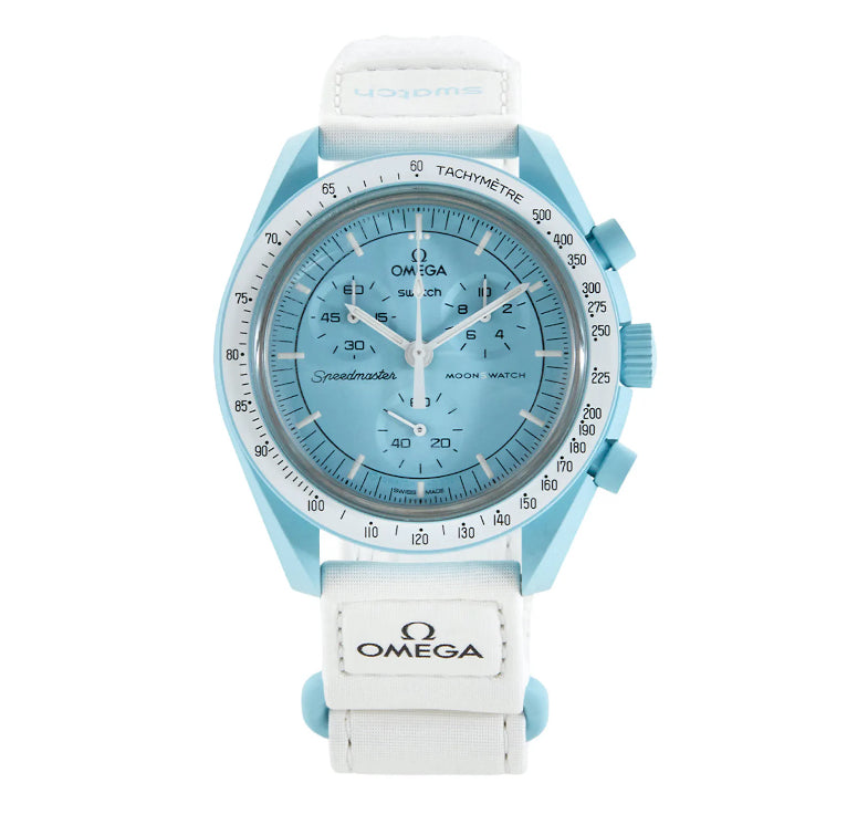 SWATCH X OMEGA MISSION TO URANUS - Swatch x Omega MoonSwatch watch front face dial view on white background
