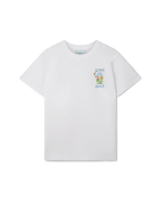 Casablanca Tee Shirt Le Jeu Coloré - Front view of luxury Afro-Cubism printed organic cotton t-shirt on white background