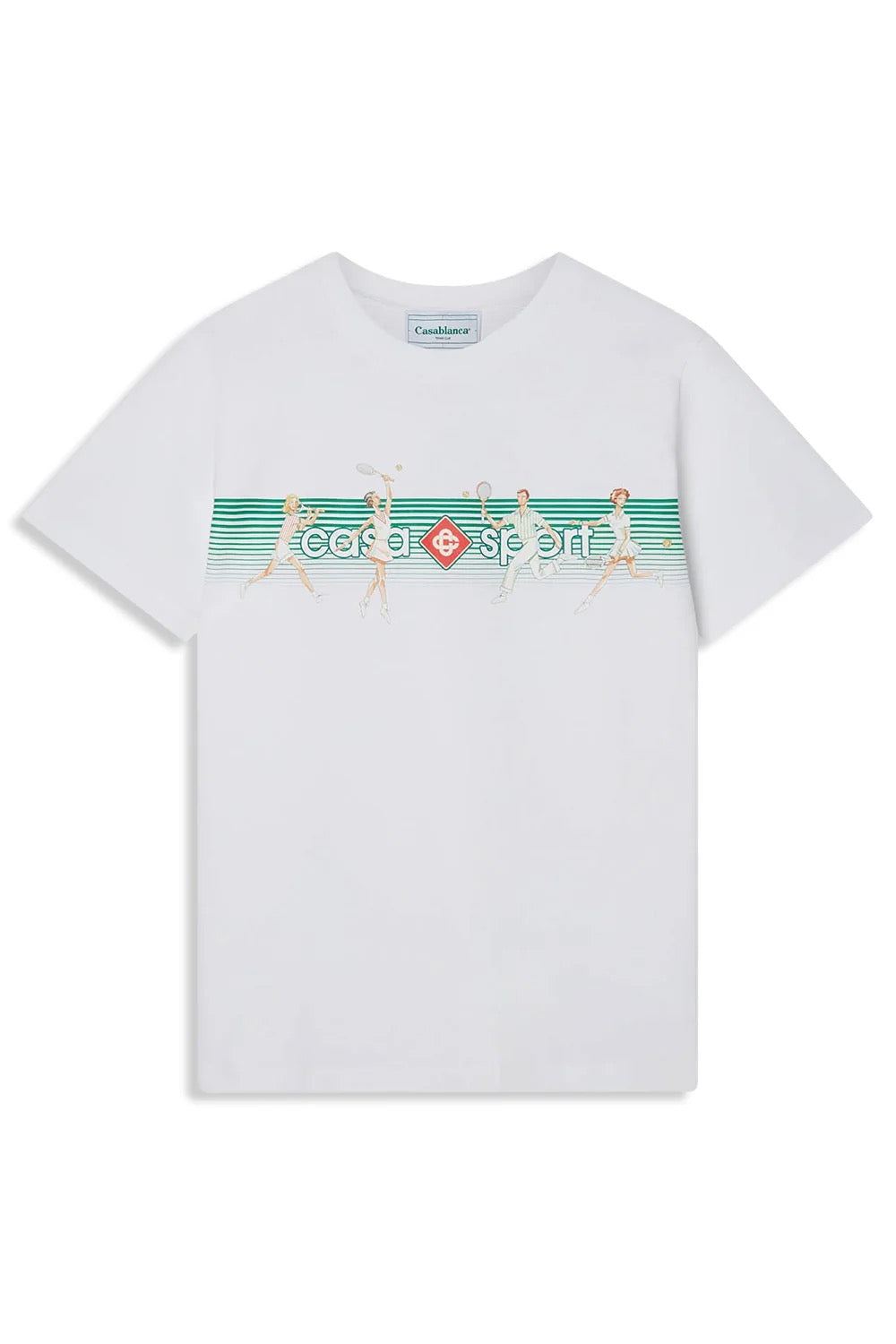 Casablanca Tee Shirt Playful Stripes - Front view of luxury organic cotton t-shirt with Casa Sport tennis artwork on white background