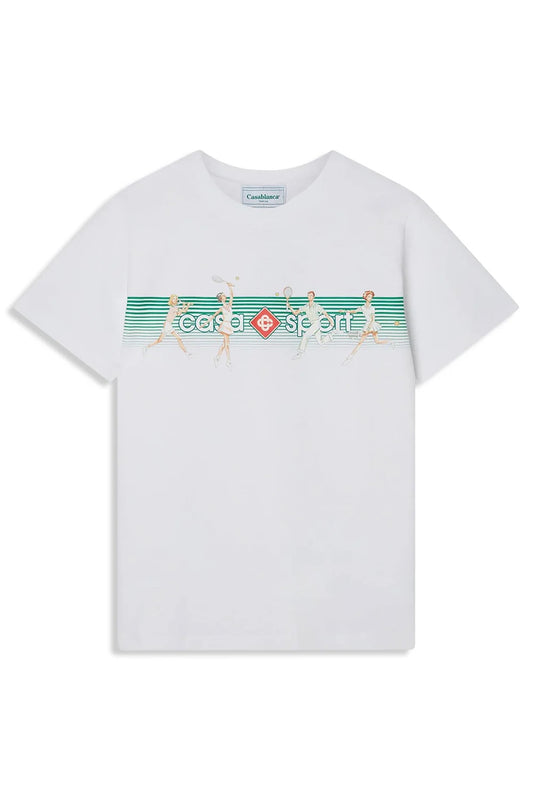 Casablanca Tee Shirt Playful Stripes - Front view of luxury organic cotton t-shirt with Casa Sport tennis artwork on white background