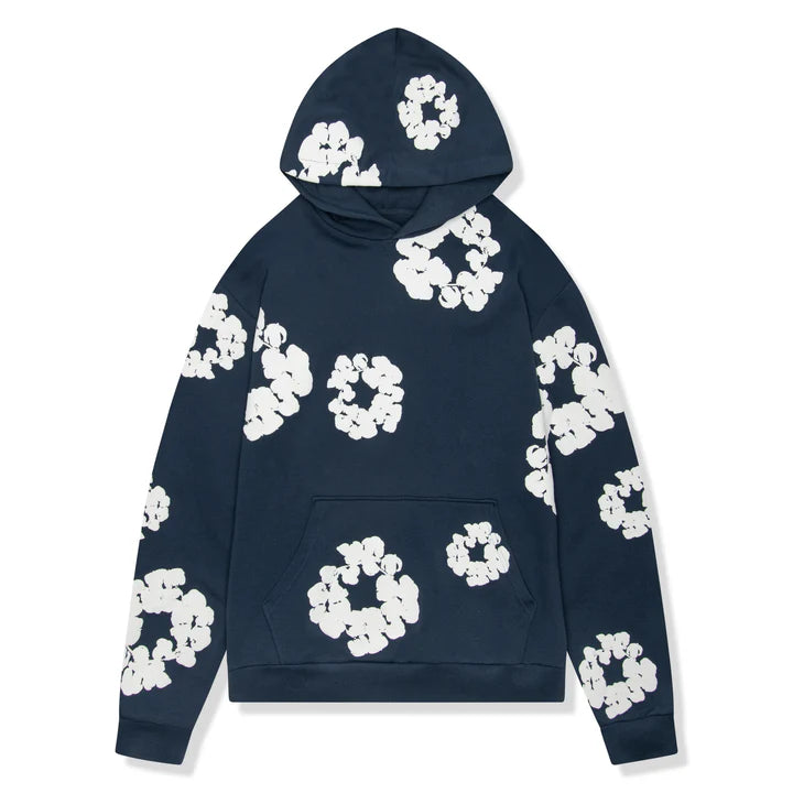 Denim Tears Cotton Wreath Navy Hoodie - front view on white background