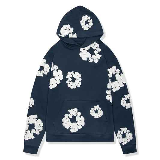 Denim Tears Cotton Wreath Navy Hoodie - front view on white background