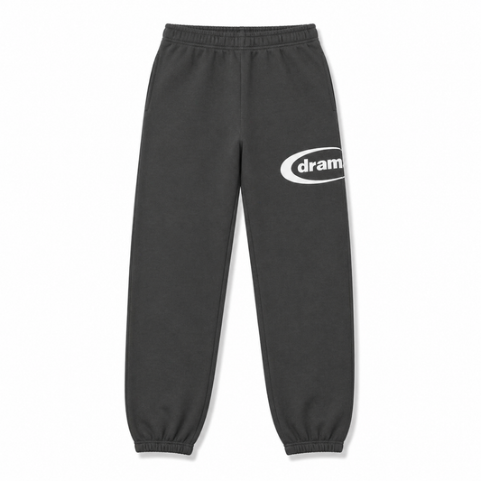 Drama Call Bottoms Dark Grey/White - Drama Call jogger bottoms front view on white background