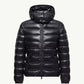 Moncler Bady Womens Black Jacket - Front flat view of women's luxury hooded short down jacket on white background