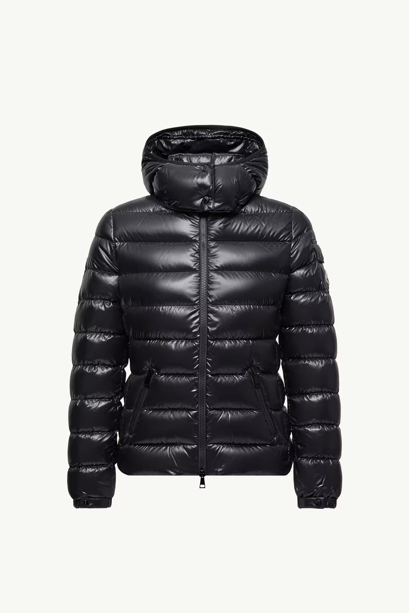Moncler Bady Womens Black Jacket - Front flat view of women's luxury hooded short down jacket on white background