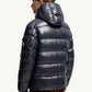 Moncler Maya Dark Navy Jacket - Back view on male model showing quilted down construction and hood