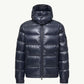 Moncler Maya Dark Navy Jacket - Front flat view of men's luxury hooded down jacket on white background