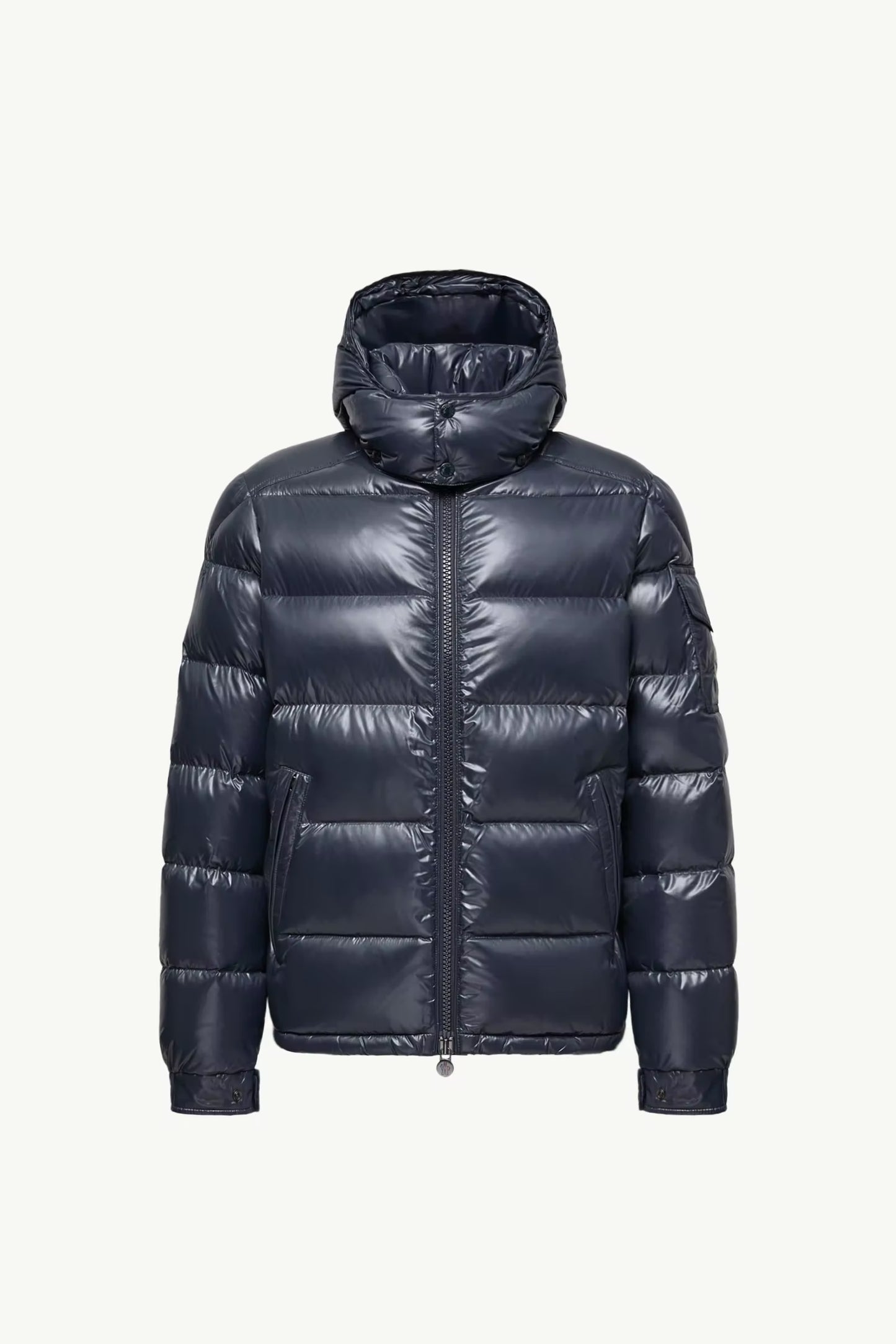 Moncler Maya Dark Navy Jacket - Front flat view of men's luxury hooded down jacket on white background