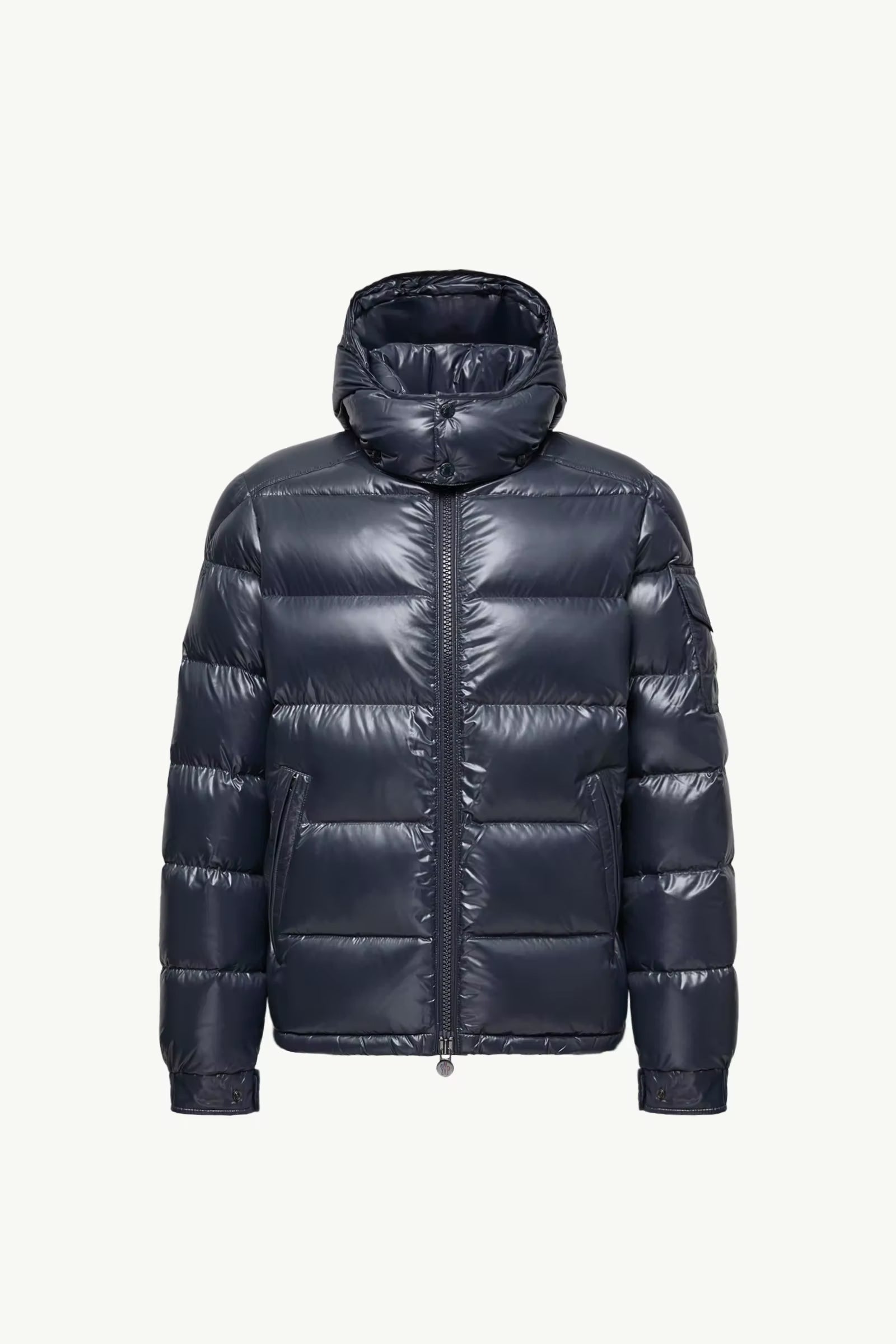 Moncler Maya Dark Navy Jacket - Front flat view of men's luxury hooded down jacket on white background