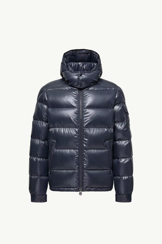 Moncler Maya Dark Navy Jacket - Front flat view of men's luxury hooded down jacket on white background