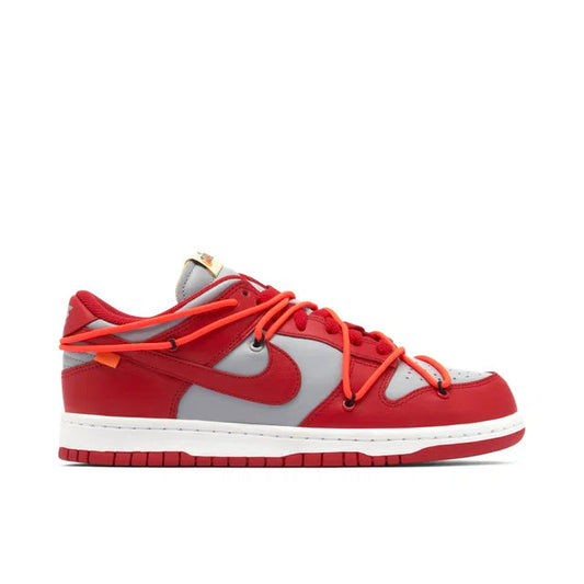 Nike Dunk Low Off White University Red - Nike Dunk Low sneaker side profile view on white background