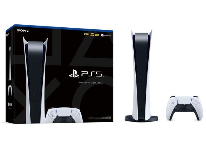 SONY PLAYSTATION 5 DIGITAL EDITION (UK PLUG) - Sony PlayStation 5 Digital Edition console front view with controller on white background