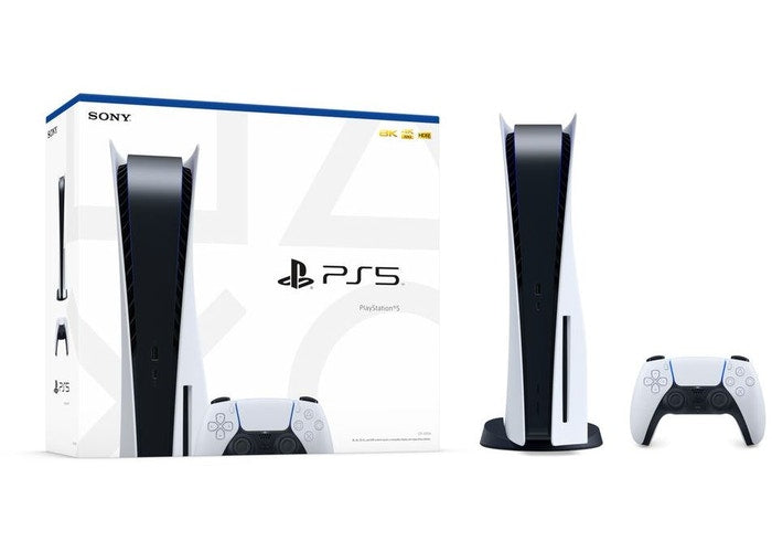 SONY PLAYSTATION 5 DISC EDITION (UK PLUG) - Sony PlayStation 5 Disc Edition console front view with controller on white background