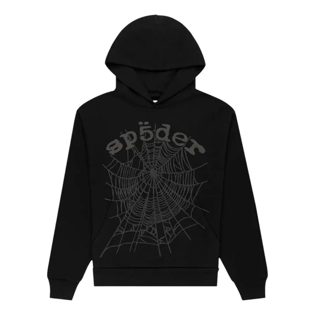 Sp5der Black Hoodie Mens spider - front view on white background