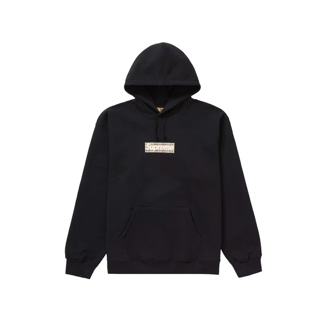 Supreme Burberry Box Logo Hoodie Black - front view on white background
