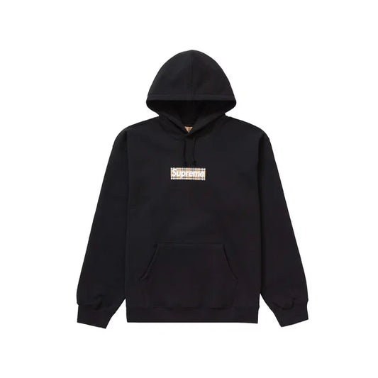 Supreme Burberry Box Logo Hoodie Black - front view on white background