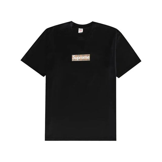 Supreme Burberry Box Logo Tee Shirt Black - front view on white background