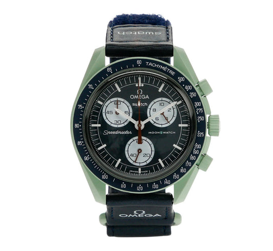 SWATCH X OMEGA MISSION TO EARTH - Swatch x Omega MoonSwatch watch front face dial view on white background
