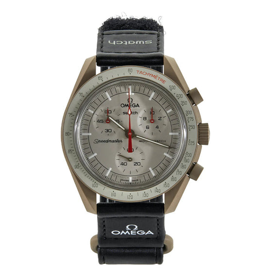 SWATCH X OMEGA MISSION TO JUPITER - Swatch x Omega MoonSwatch watch front face dial view on white background