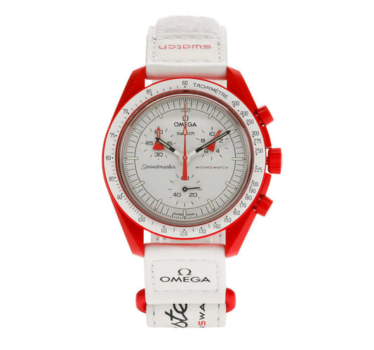 SWATCH X OMEGA MISSION TO MARS - Swatch x Omega MoonSwatch watch front face dial view on white background