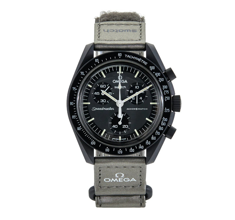 SWATCH X OMEGA MISSION TO MERCURY - Swatch x Omega MoonSwatch watch front face dial view on white background
