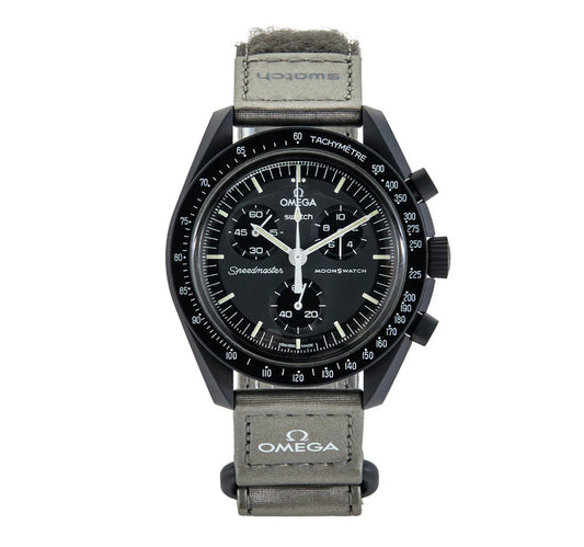 SWATCH X OMEGA MISSION TO MERCURY - Swatch x Omega MoonSwatch watch front face dial view on white background