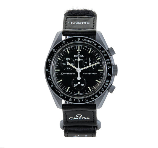 SWATCH X OMEGA MISSION TO MOON - Swatch x Omega MoonSwatch watch front face dial view on white background