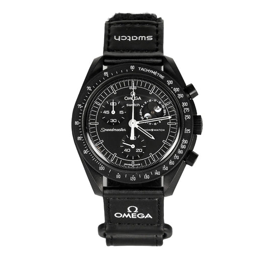 SWATCH X OMEGA MISSION TO MOONPHASE WHITE - Swatch x Omega MoonSwatch watch front face dial view on white background