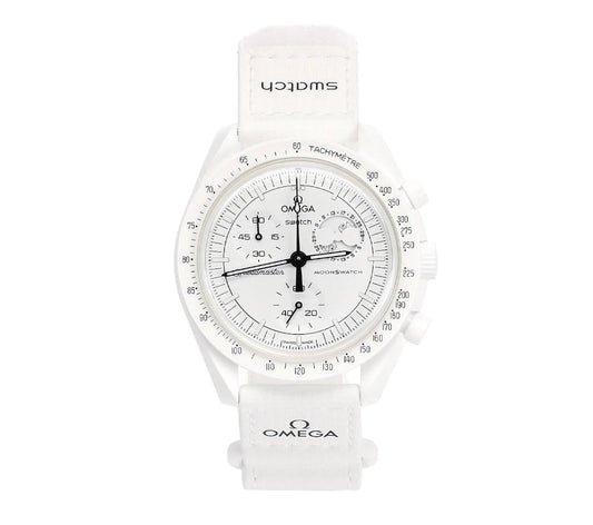 SWATCH X OMEGA MISSION TO MOONPHASE WHITE - Swatch x Omega MoonSwatch watch front face dial view on white background