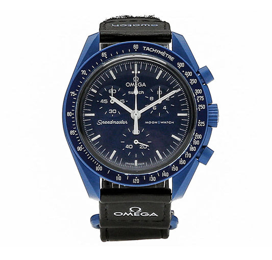 SWATCH X OMEGA MISSION TO NEPTUNE - Swatch x Omega MoonSwatch watch front face dial view on white background