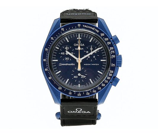SWATCH X OMEGA MISSION TO NEPTUNE MOONSHINE GOLD - Swatch x Omega MoonSwatch watch front face dial view on white background