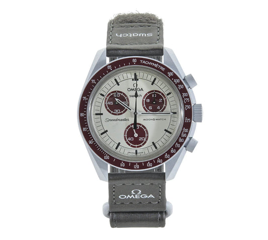 SWATCH X OMEGA MISSION TO PLUTO - Swatch x Omega MoonSwatch watch front face dial view on white background
