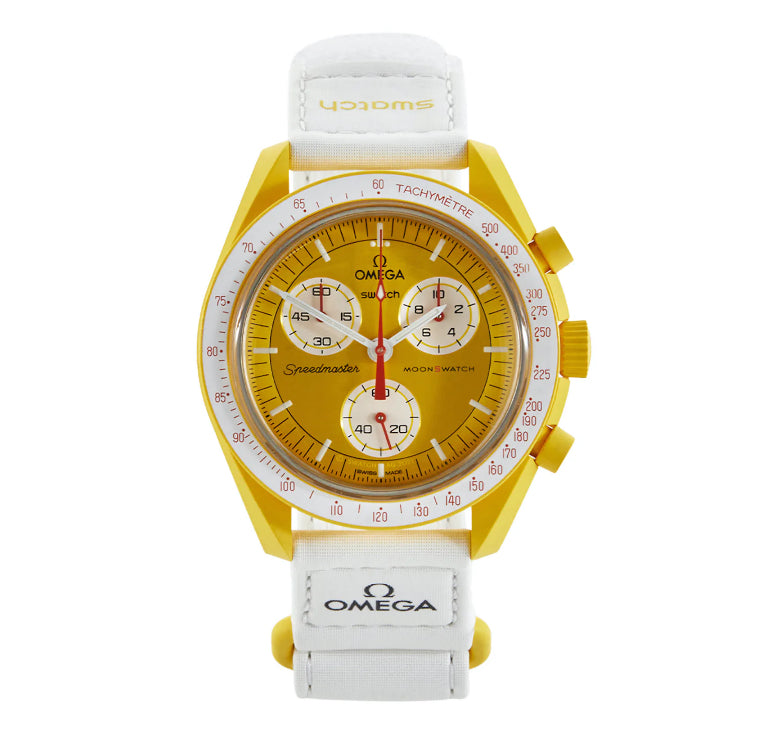 SWATCH X OMEGA MISSION TO SUN - Swatch x Omega MoonSwatch watch front face dial view on white background