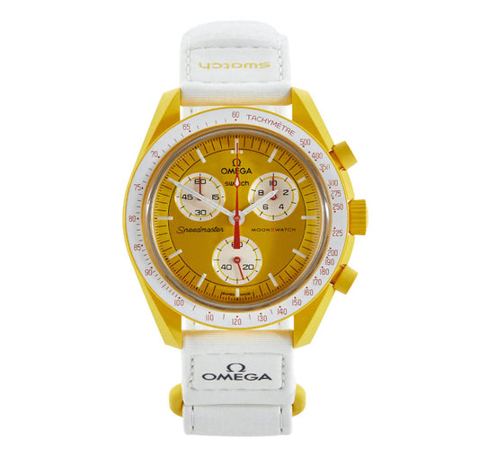 SWATCH X OMEGA MISSION TO SUN - Swatch x Omega MoonSwatch watch front face dial view on white background