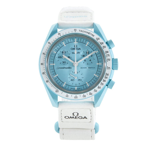 SWATCH X OMEGA MISSION TO URANUS - Swatch x Omega MoonSwatch watch front face dial view on white background