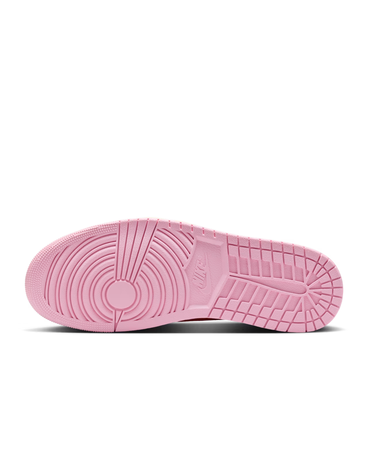 Bottom outsole of Travis Scott Jordan 1 Low Tropical Pink with pink rubber traction pattern