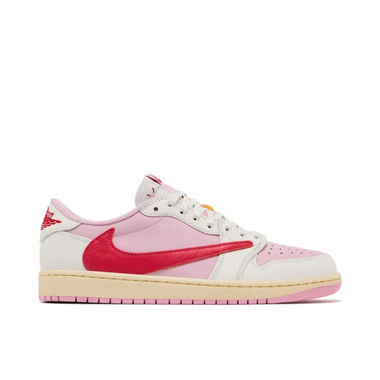 Travis Scott Air Jordan 1 Low Tropical Pink side profile with reverse red swoosh and cream midsole