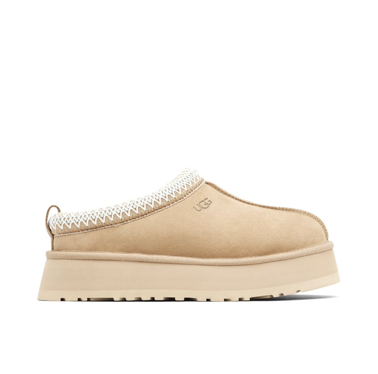 UGG TAZZ ‘SAND’ - UGG Tazz platform slipper side profile view on white background